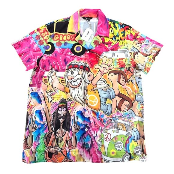 Hippie Graphic Shirt By Ouku Large Peace Van NWT Camp - Picture 1 of 10